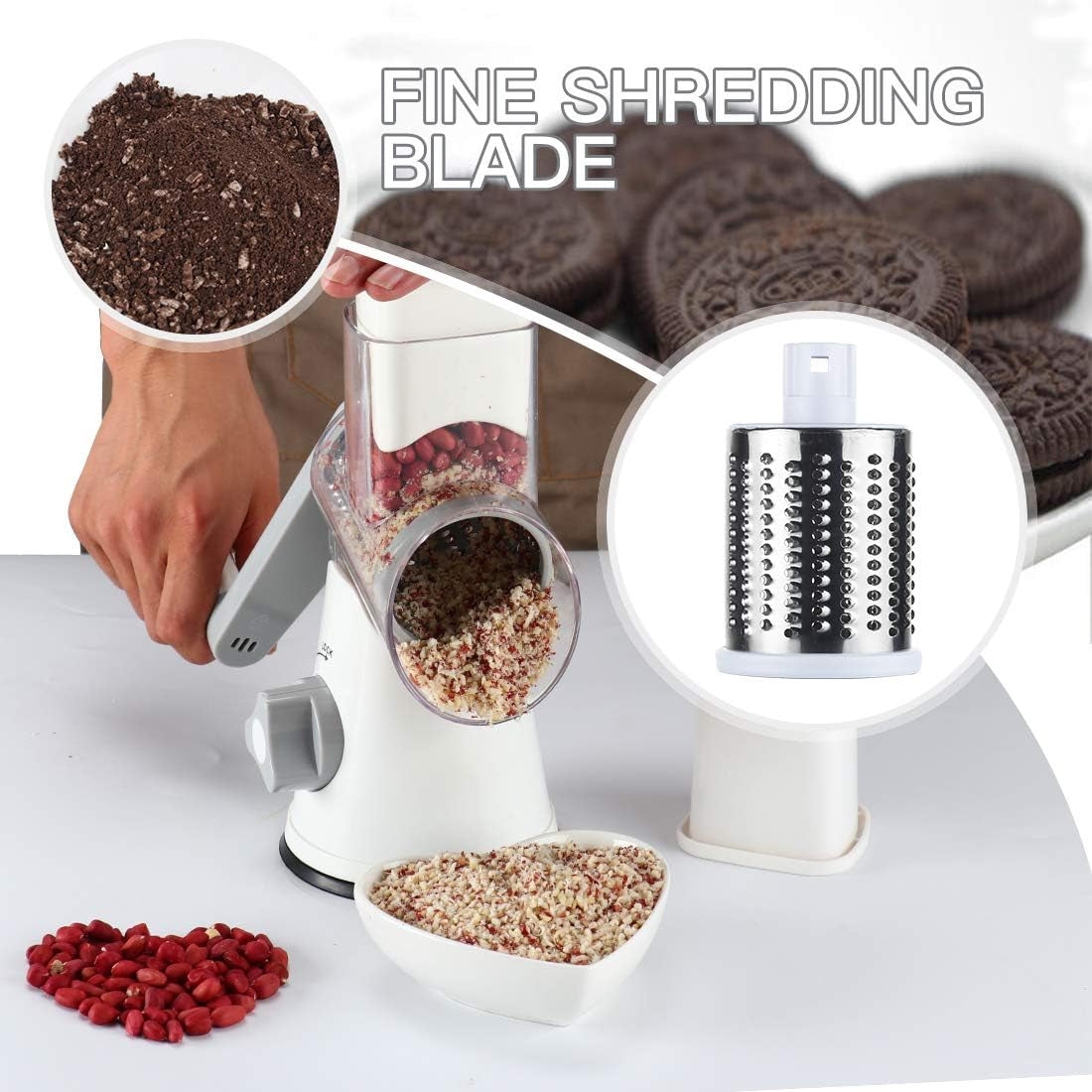 Cheese Grater Rotary Cheese Grater 3 Multi Blade Cheese Shredder Manual Vegetable Slicer with Non-Slip Suction Base Nuts Grinder Vegatable Shredder with Brush Peeler White