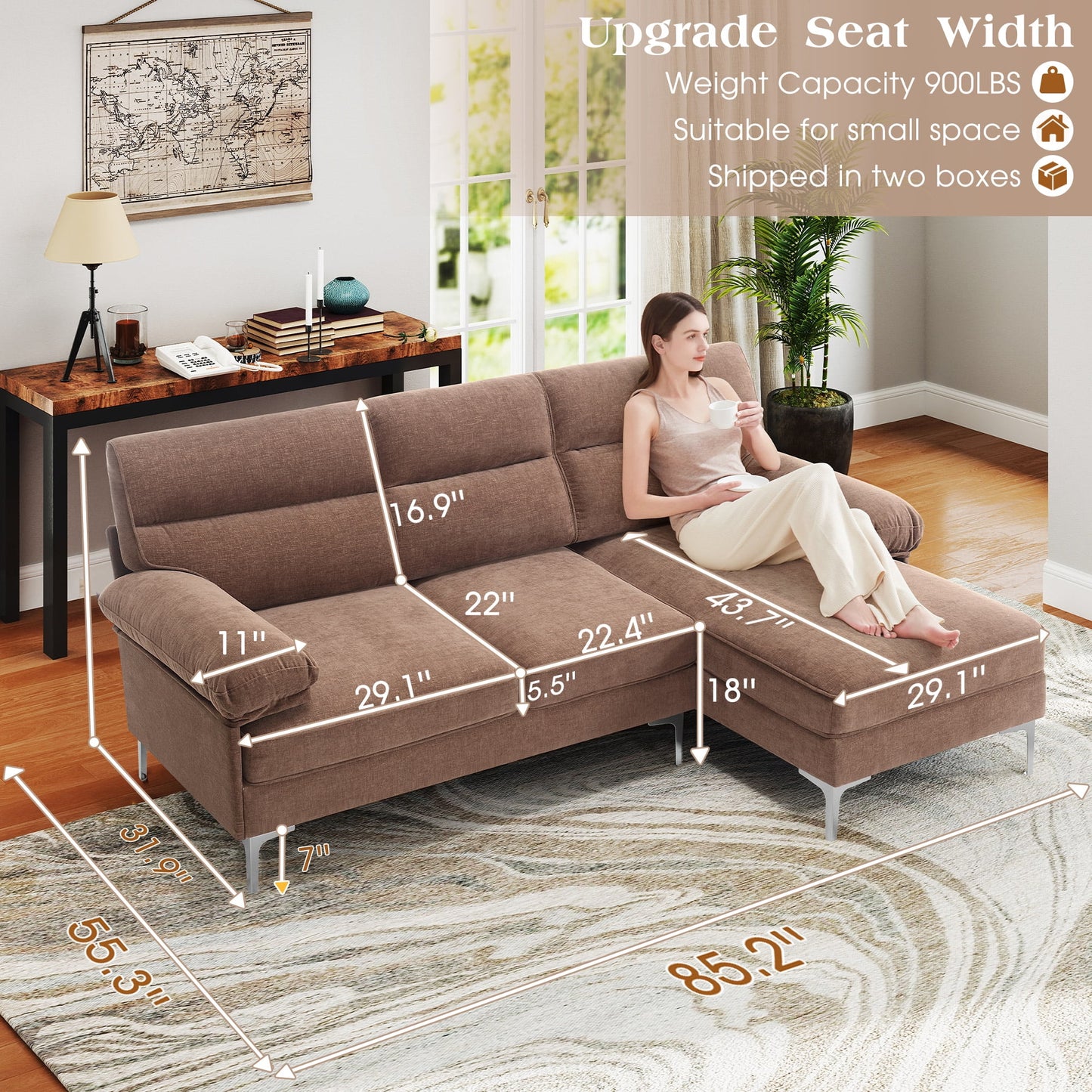 85'' Modern Sectional Sofas Couches for Living Room, Chenille L Shaped Couches with Chaise for Small Spaces, Reversible Chaise, 3 Seater(Brown)