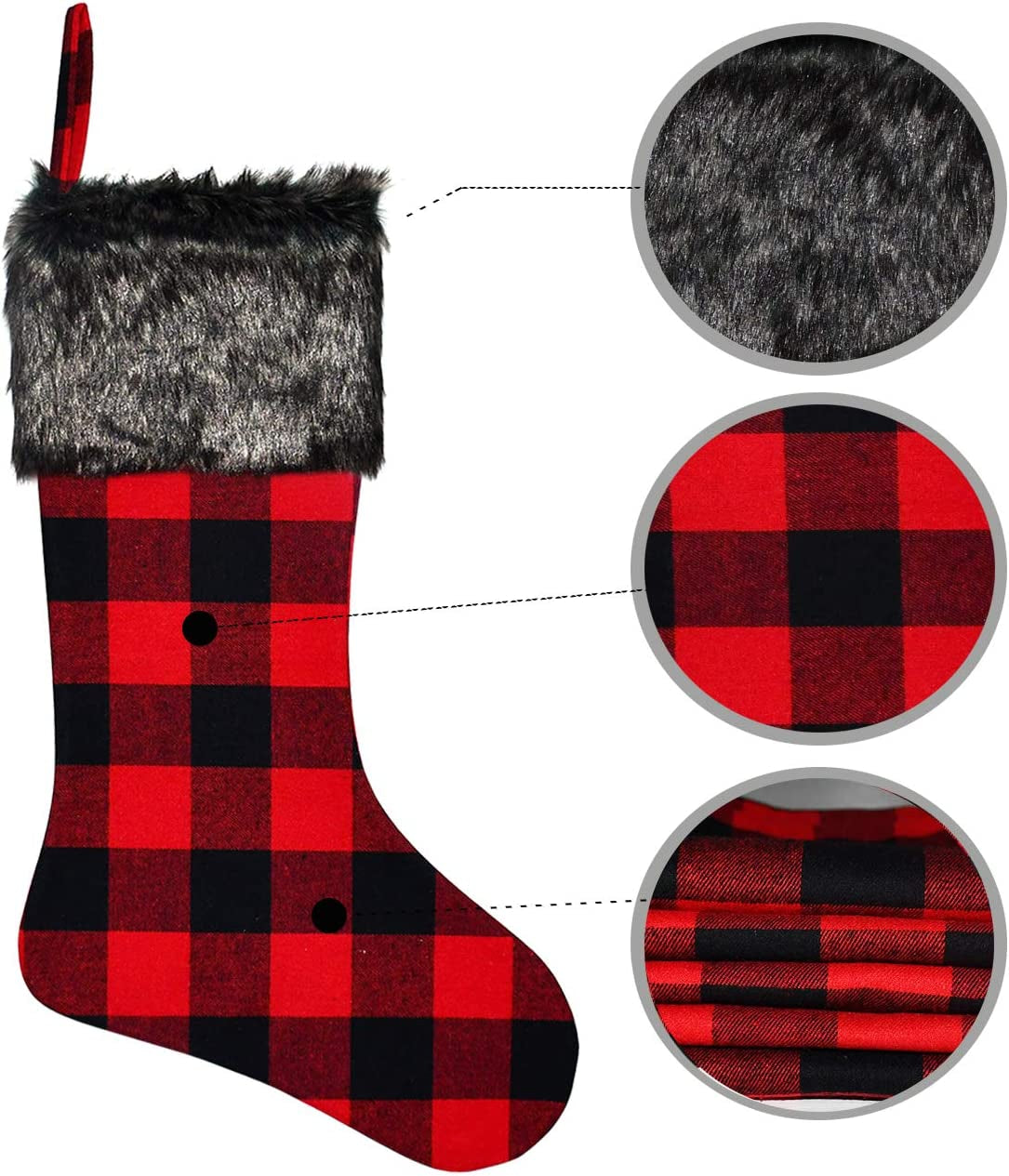 Christmas Stockings- 4 Pack 18" Red Black Buffalo Plaid Christmas Stockings with Plush Faux Fur Cuff, Classic Large Christmas Stockings Decorations for Family Christmas Holiday Party Decor