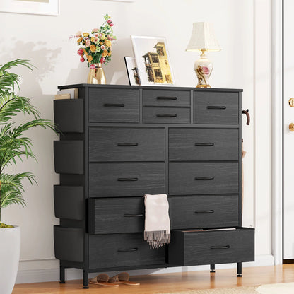 Black Dresser with 12 Drawer, Dressers for Bedroom Tall Dresser Chest of Drawers Fabric Storage Dresser for Living Room