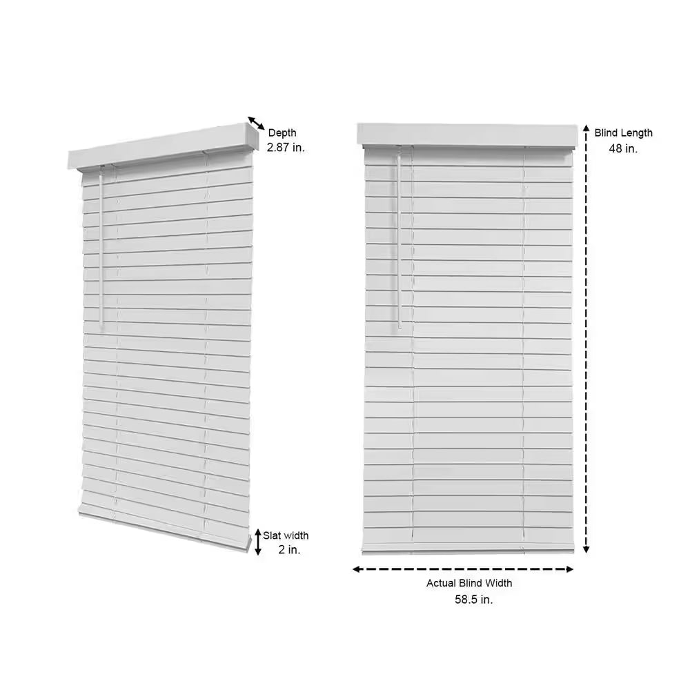 White Cordless Faux Wood Blinds for Windows with 2 In. Slats - 59 In. W X 48 In. L (Actual Size 58.5 In. W X 48 In. L)