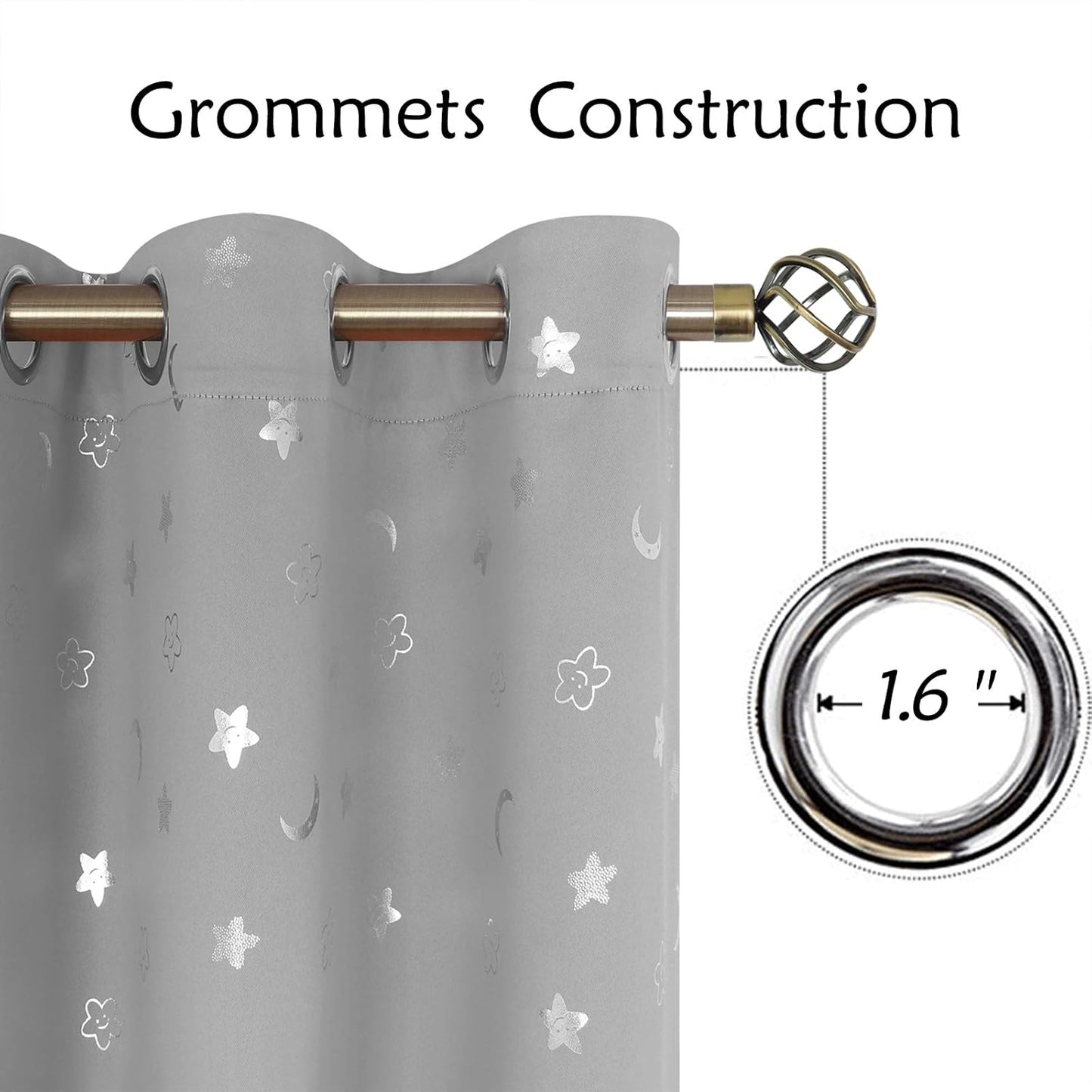 Kids Curtains for Nursery, Star and Moon Blackout Curtains for Boys Girls Bedroom 63 Inch Long, Room Darkening Thermal Insulated Grommet Curtains for Baby, Linght Grey, 2 Panels, 42 X 63 Inch