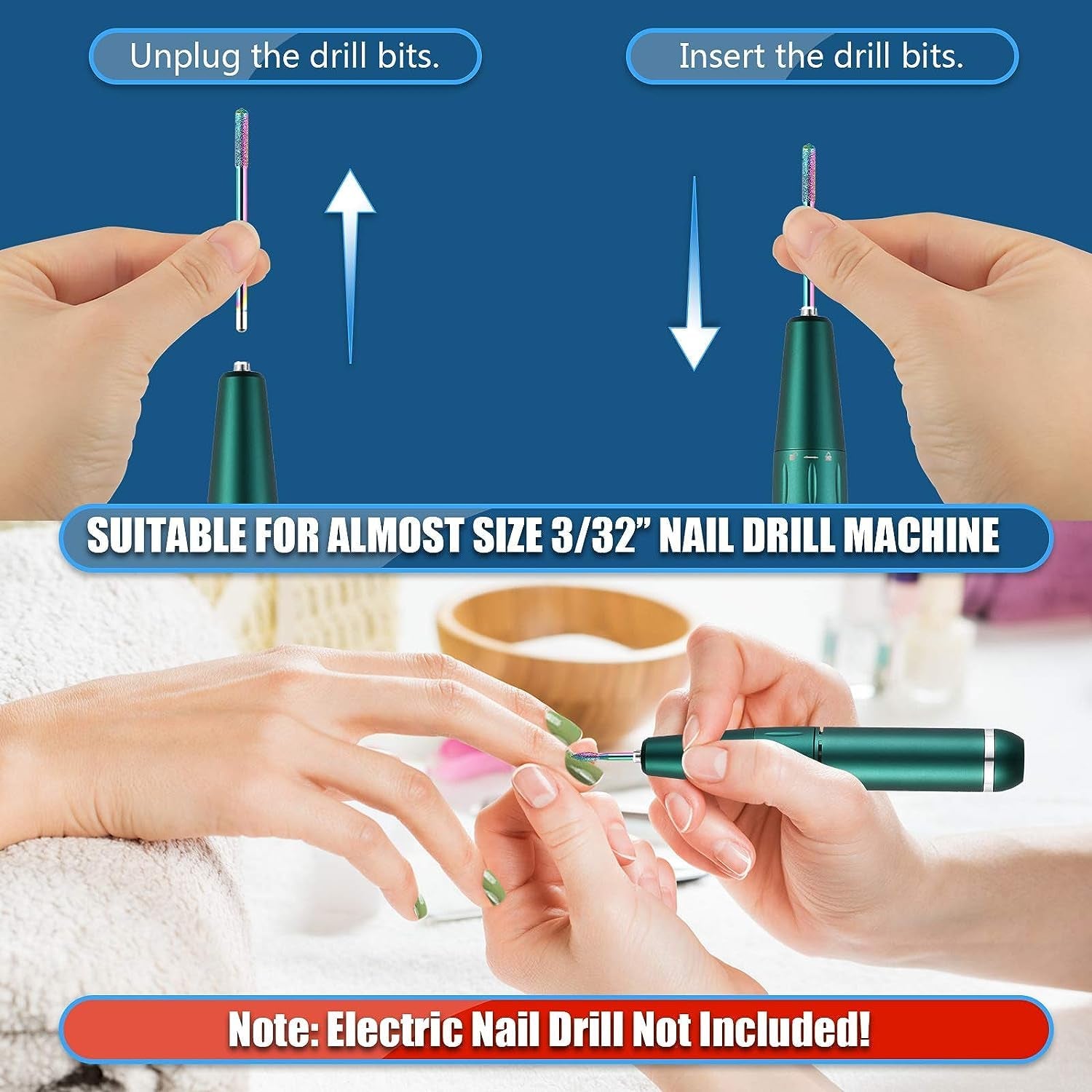 21Pcs Nail Drill Bits Sets, 3/32 Inch Diamond Cuticle Electric Nail File and Ceramic Acrylic Gel Nail Bit Kit, Acrylic Nail Art Tools, Carbide Remover Bits for Manicure Pedicure, Home Salon