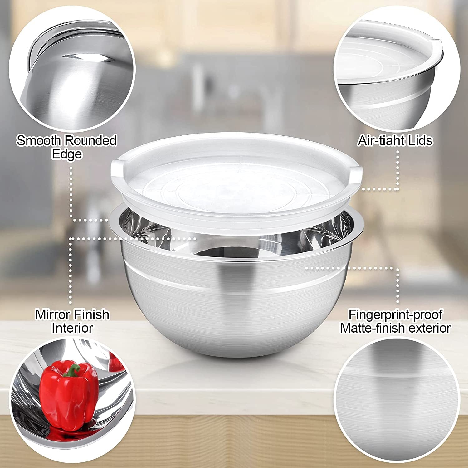 Mixing Bowls Set of 7, AIKIW Stainless Steel Mixing Bowls with Lids, Size 7,3.5,2.5,2,1.5,1,0.67QT, Stackable Design Metal Nesting Bowls for Kitchen Cooking, Baking, Marinating