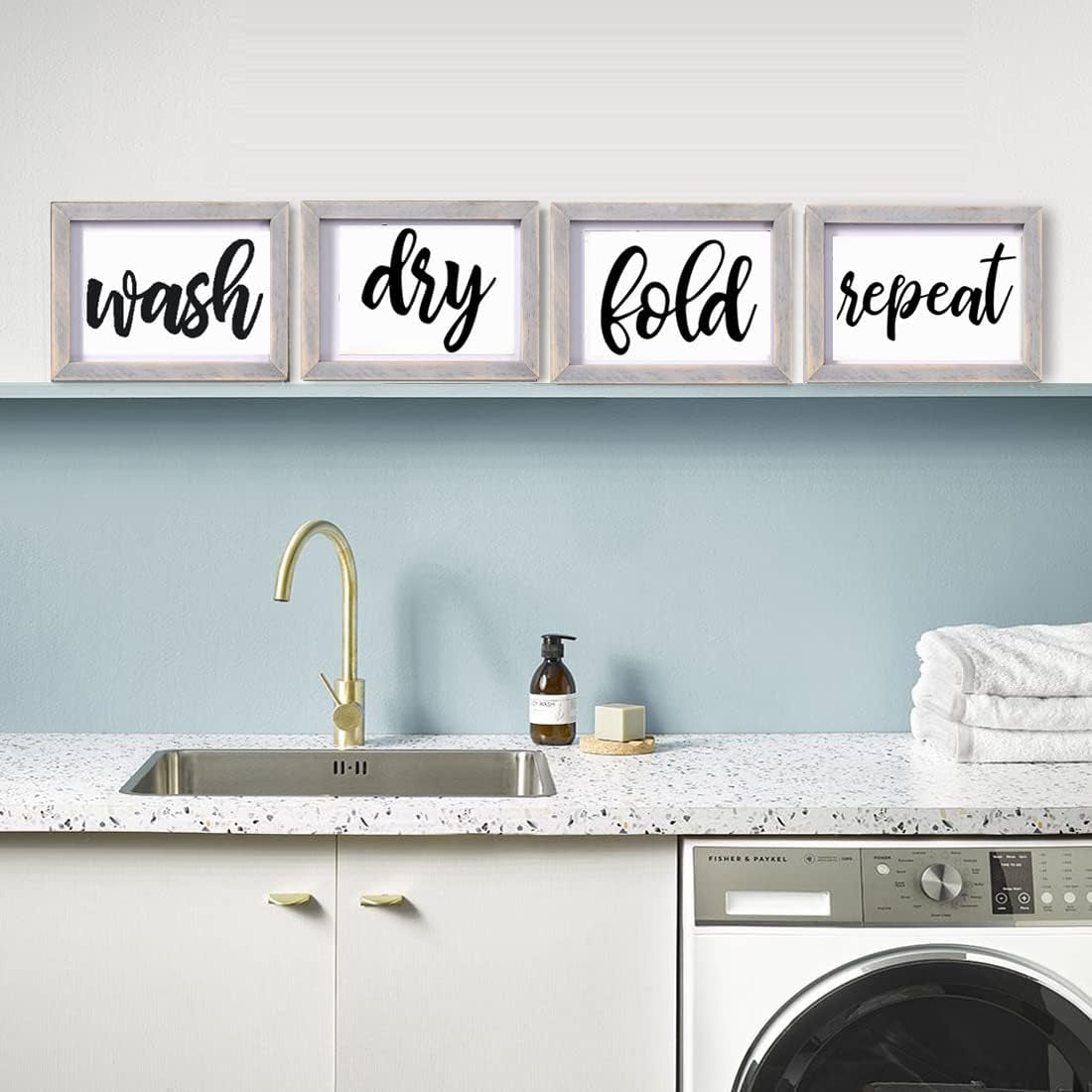 Laundry Room Decor Wash Fold Dry Repeat Mini Signs Set of 4, Farmhouse Decorative Sign Framed Wood Wall Art, Laundry Shelf Decor, 6'' X 8''