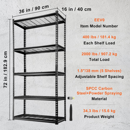 VEVOR Storage Shelving Unit, 5-Tier Adjustable, 2000 Lbs Capacity, Heavy Duty Garage Shelves Metal Organizer Wire Rack, Black, 36 L X 16 W X 72 H for Kitchen Pantry Basement Bathroom Laundry Closet