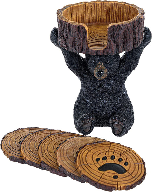 Black Bear Coasters Set - Coasters with Holder Rustic Home Decorations - Home Bar Accessories and Decor Bear Gifts Vintage Drink Coasters - Bear Items Coffee Table Decor Kitchen