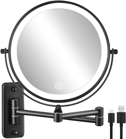 Rechargeable Wall Mounted Lighted Makeup Mirror, 8 Inch 10X Magnifying Mirror with 3 Color Lights, Dimmable Touch Screen Makeup Mirror with Lights for Bathroom, Black