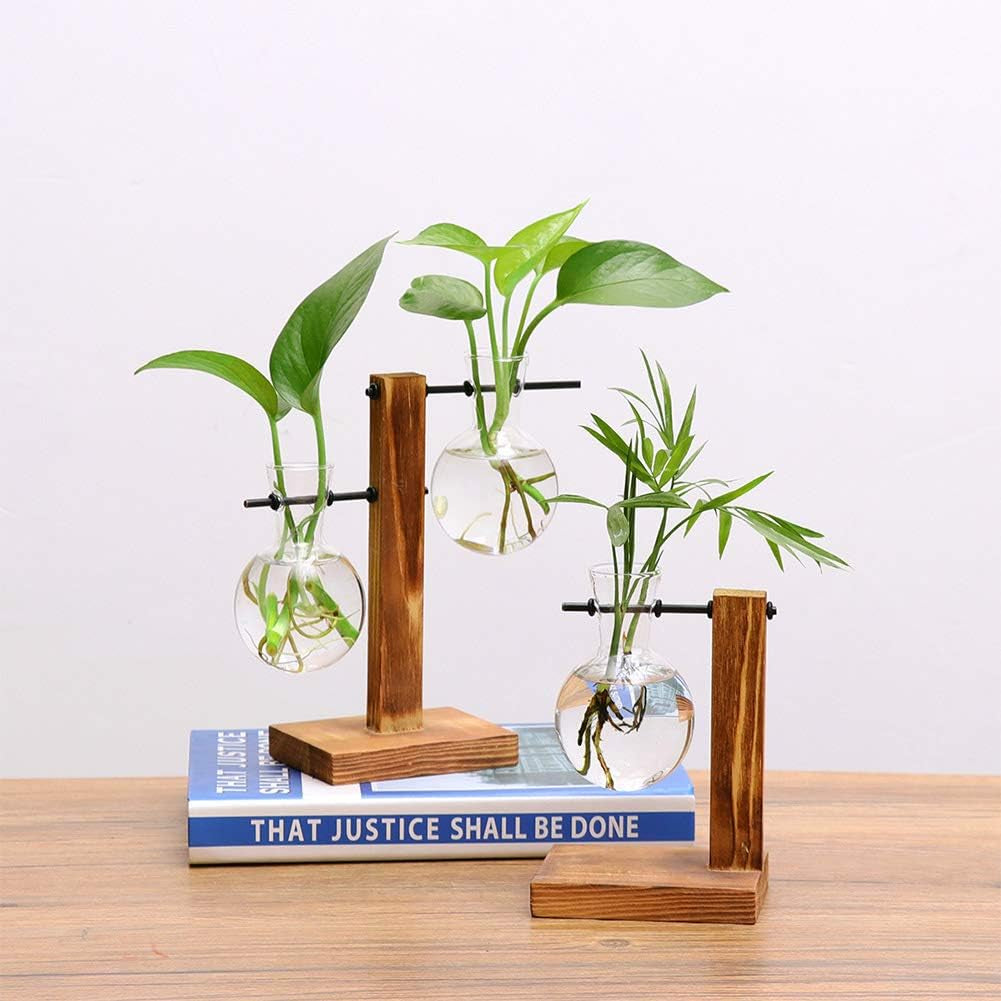 Hydroponic Vase Water Propogating Vase Station Plant Terrarium with Wooden Stand Air Planter Bulb Glass Vase Desktop Planter Glass Bulb Vase Retro Hanging Plant Glass Vase Home Decor