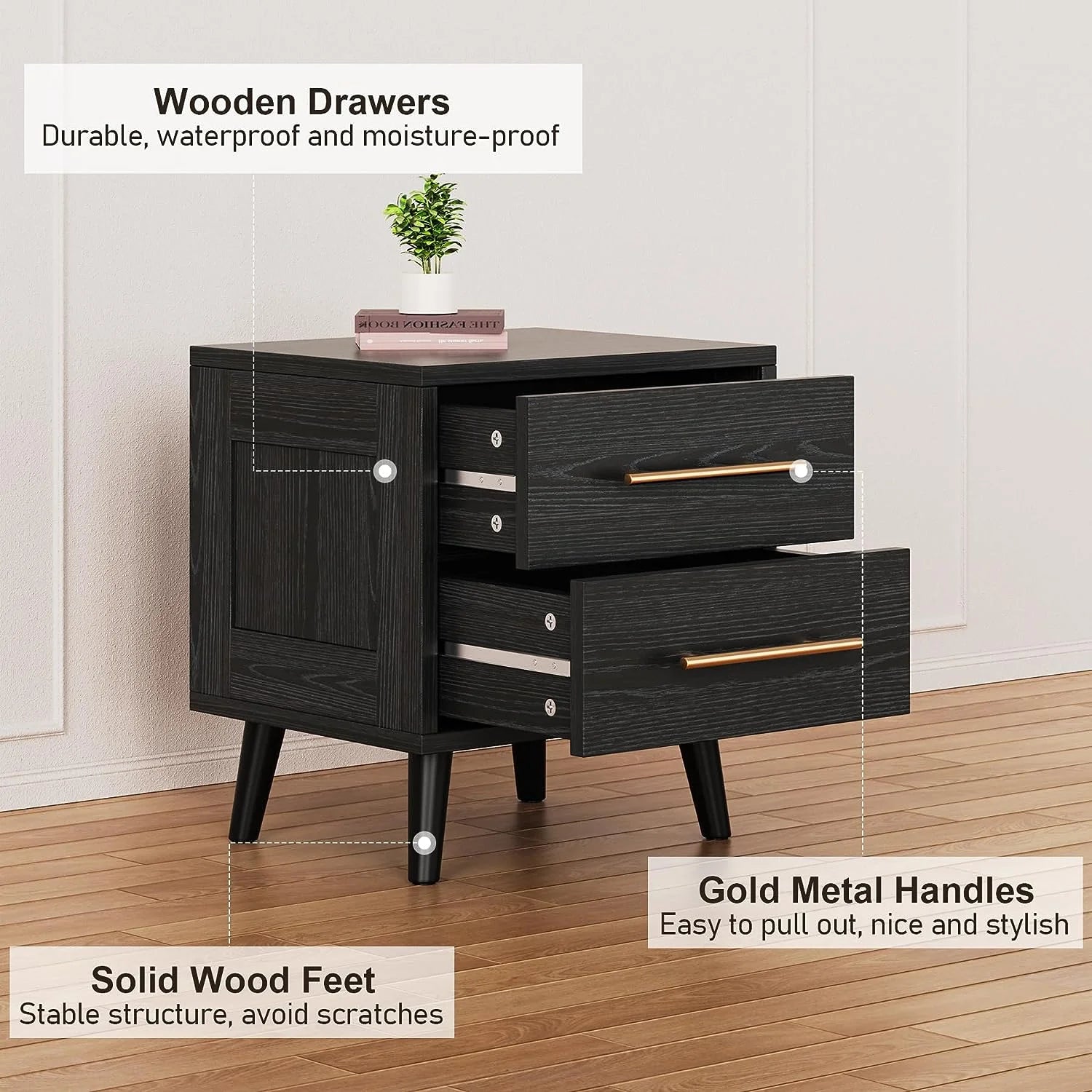 Modern Nightstand - 20" Height Wooden Bedside Table with 2 Drawers, Gold Handles, Wide Storage Dresser for Bedroom, Black