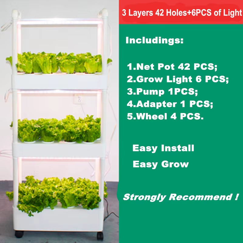 Home Garden Tower Indoor Hydroponic System Kit, 3 Layers, 42 Holes, 6 Pcs of Grow Light