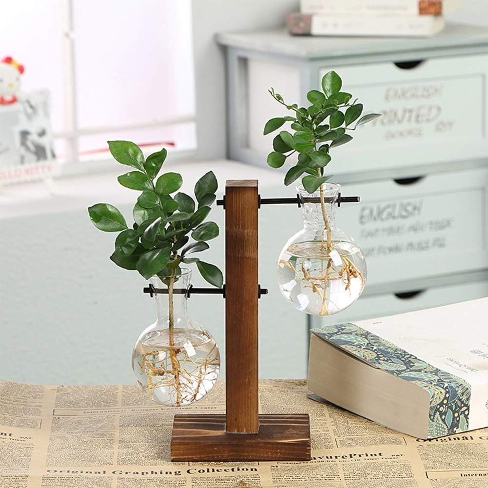 Hydroponic Vase Water Propogating Vase Station Plant Terrarium with Wooden Stand Air Planter Bulb Glass Vase Desktop Planter Glass Bulb Vase Retro Hanging Plant Glass Vase Home Decor