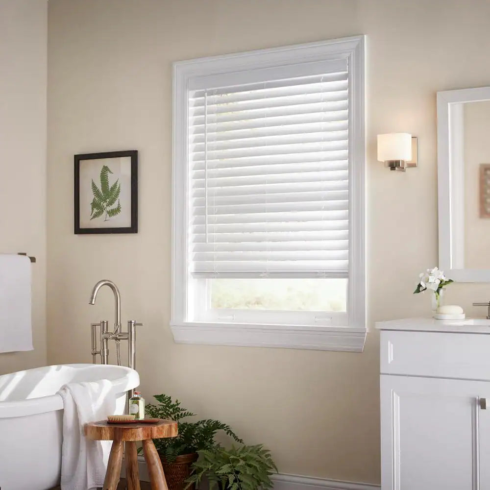 White Cordless Faux Wood Blinds for Windows with 2 In. Slats - 59 In. W X 48 In. L (Actual Size 58.5 In. W X 48 In. L)