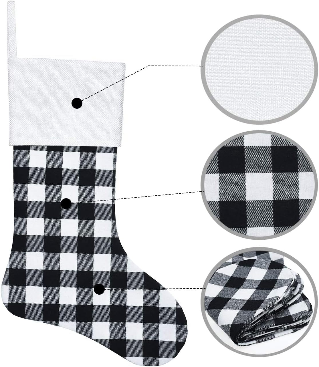 6 Pack Christmas Stockings- 18 Inch Black White Buffalo Plaid Christmas Stockings Fireplace Hanging Stockings for Family Xmas Holiday Season Party Decor