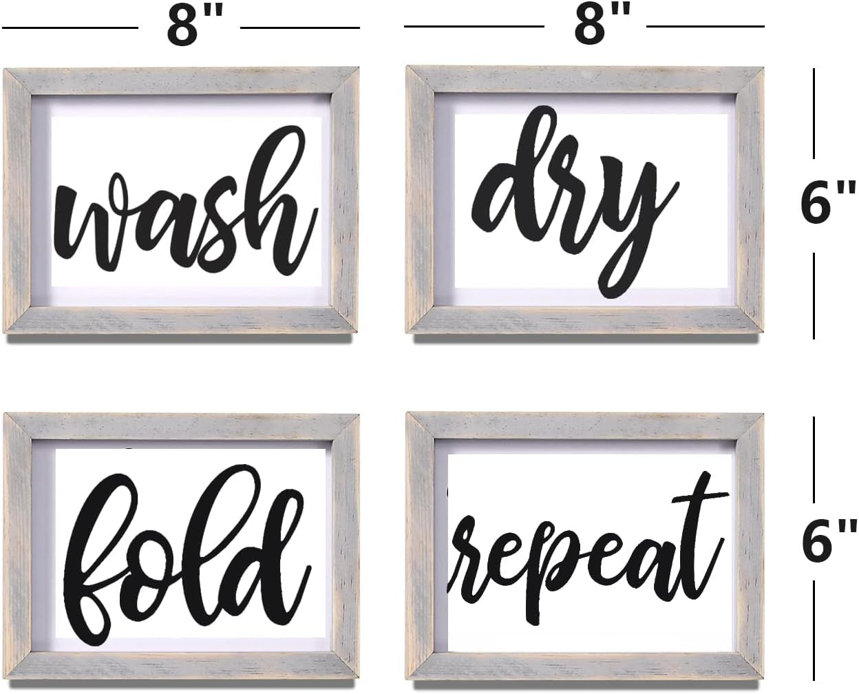 Laundry Room Decor Wash Fold Dry Repeat Mini Signs Set of 4, Farmhouse Decorative Sign Framed Wood Wall Art, Laundry Shelf Decor, 6'' X 8''