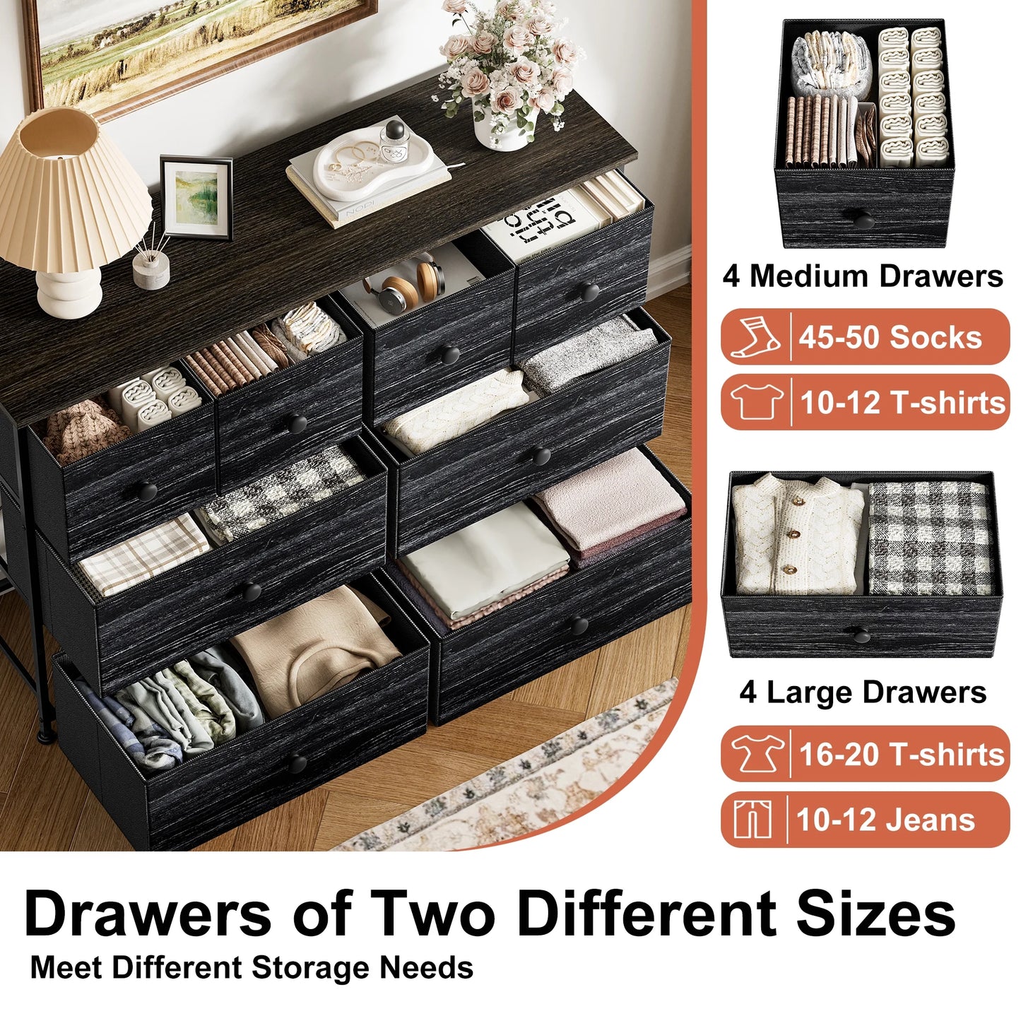 8 Drawer Dresser, Chest of Drawers for Bedroom, Fabric Drawer for Kids and Adult, Steel Frame and Wooden Top Black