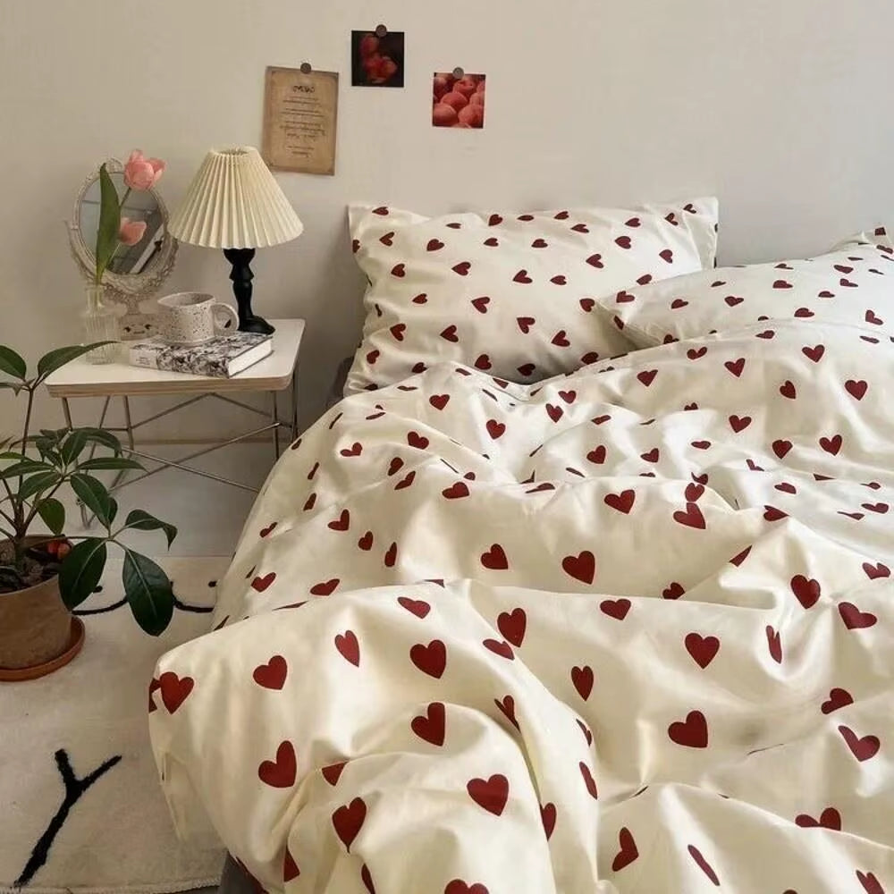 Korean Style Bedding Set Kid Adult Twin Full Queen Size Bed Flat Sheet Love Heart Duvet Cover Set Pillowcase Bed Linen No Filler