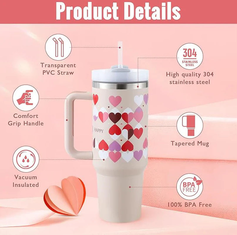 40 Oz Tumbler with Handle Straw Insulated, Stainless Steel Spill Proof Vacuum Coffee Cup Tumbler with Lid Tapered Mug Gifts for Valentine Lover Suitable for Car Gym Office Travel