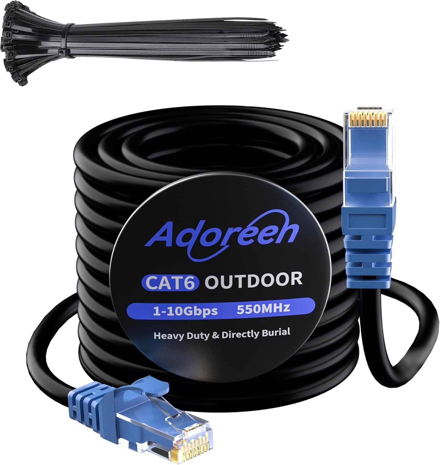 Cat 6 Outdoor Ethernet Cable 100 Ft Black, High Speed Heavy Duty Long Internet Network Cable for POE Camera Cat 5 5E RJ45 LAN Patch Cable Cord, Sturdy Waterproof Direct Burial+25 Ties