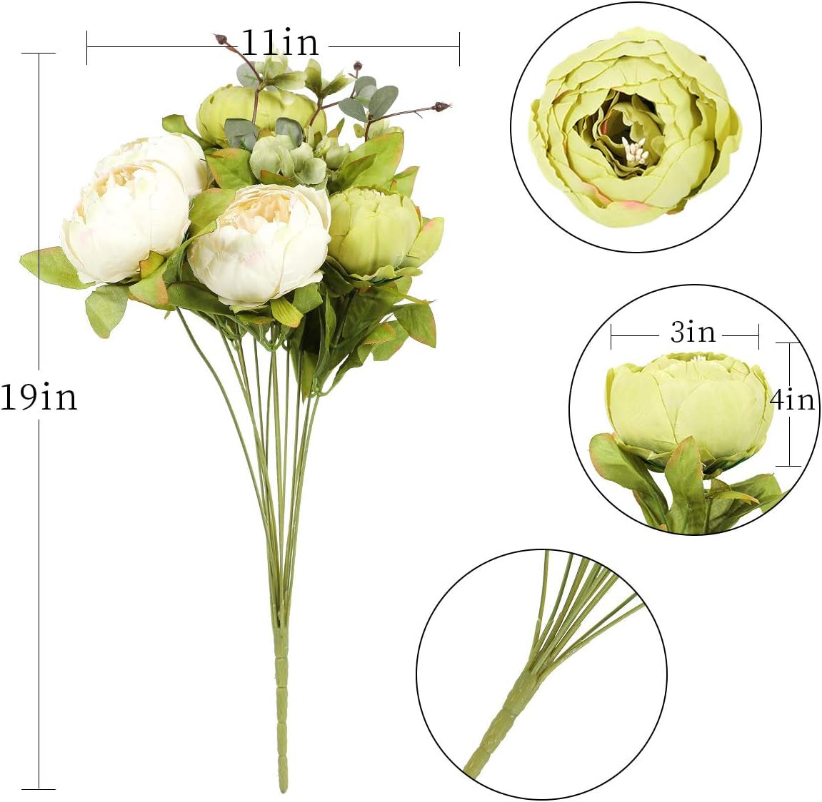 2Pcs Artificial Green Peonies Silk Flowers Bouquet Fake Spring Flower for Wedding Home Garden Party Decoration (New Green)