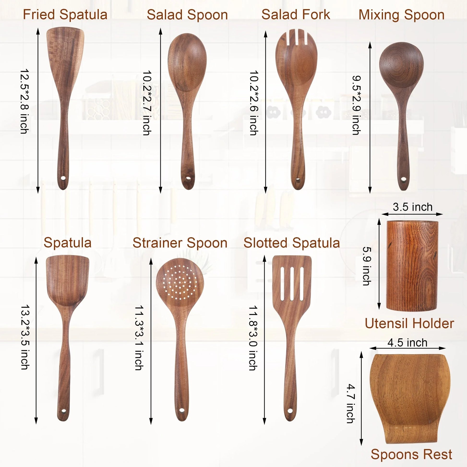 9 Piece Wooden Spoons for Cooking, Kitchen Utensils Sets Spatula, Wood Color