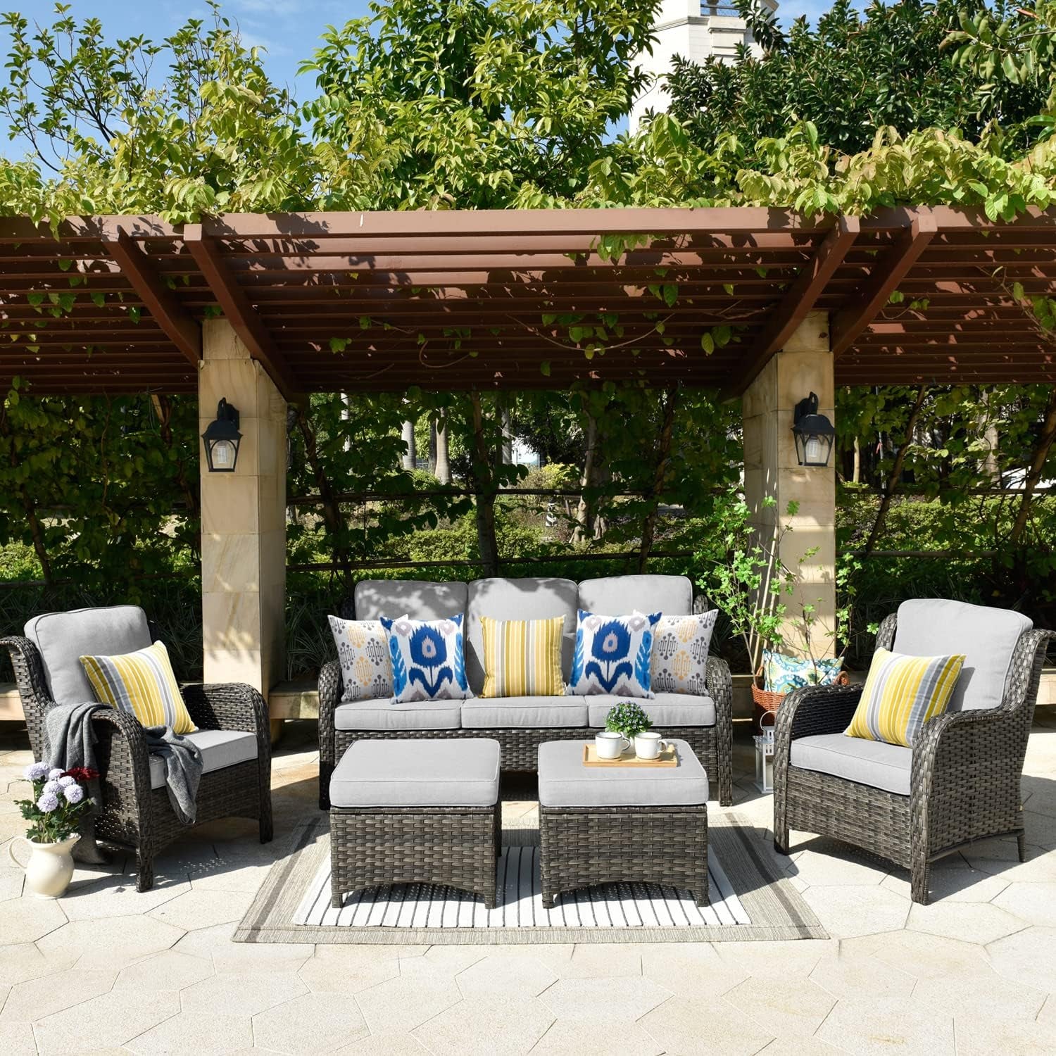 Modern Grey Rectangular Patio Furniture Set, Outdoor Rattan Furniture