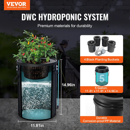 VEVOR DWC Hydroponics Grow System Deep Water Culture with Top Drip 4 Buckets