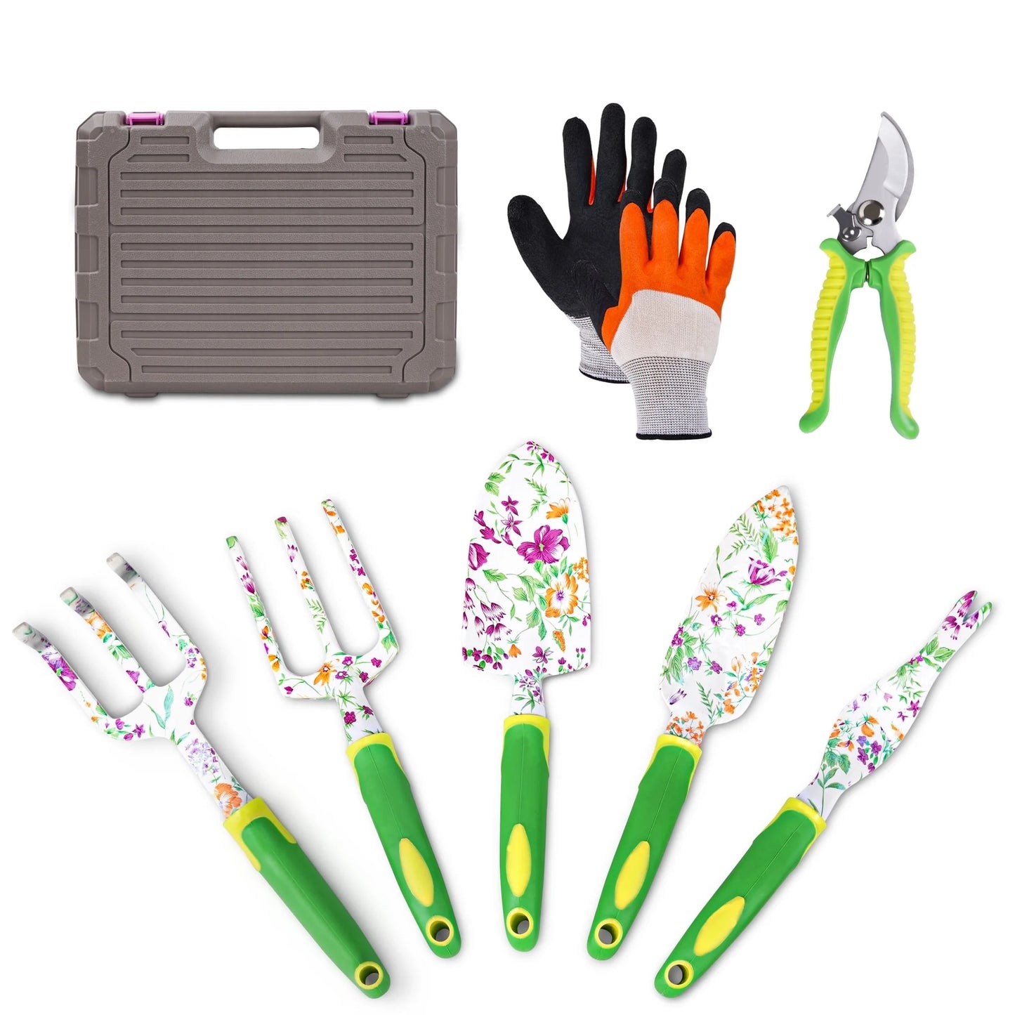 Garden Tools Set, 8PCS Heavy Duty Gardening Tools with Floral Print, Non-Slip Rubber Handle, Garden Hand Tools with Carrying Case Gardening Gifts for Women