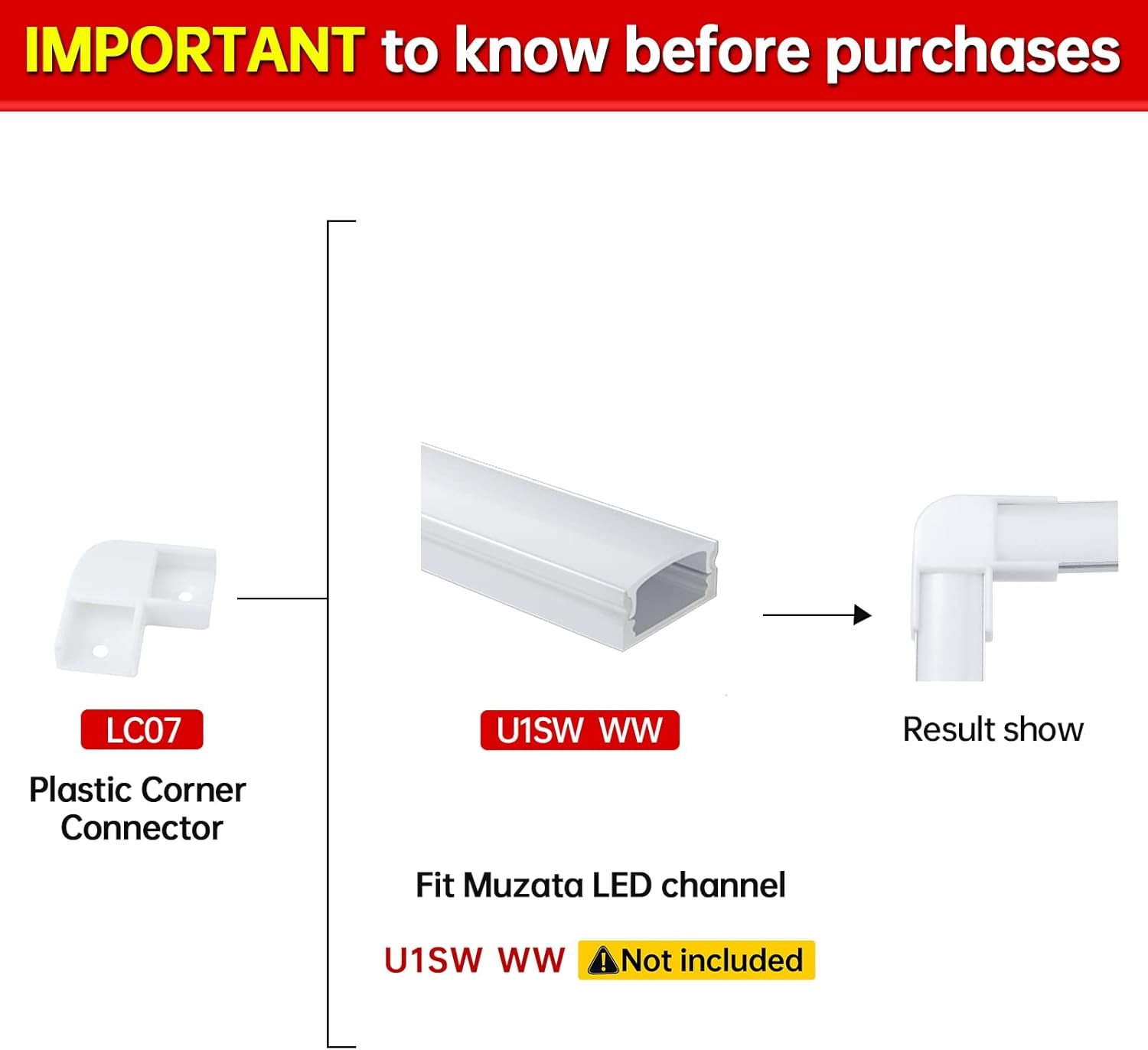 8Pack White Corner Connector Kit for LED Channel L Shape 90 Degree Connectors Fit  U1SW U Shape 17X7Mm LED Strip Channel LC07