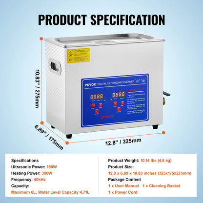 VEVOR Commercial Ultrasonic Cleaner 6L Professional Ultrasonic Cleaner 40Khz with Digital Timer&Heater 110V Excellent Cleaning Machine for Watch Instruments Industrial Parts Excellent Cleaner Solution