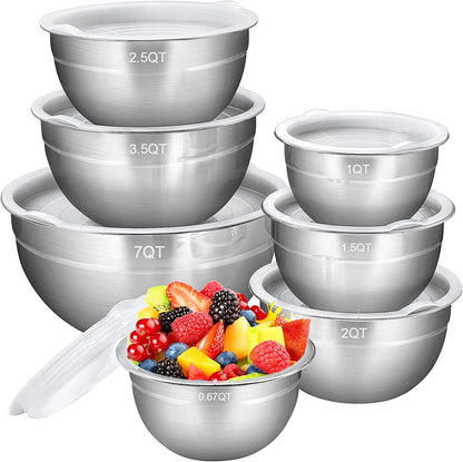 Mixing Bowls Set of 7, AIKIW Stainless Steel Mixing Bowls with Lids, Size 7,3.5,2.5,2,1.5,1,0.67QT, Stackable Design Metal Nesting Bowls for Kitchen Cooking, Baking, Marinating