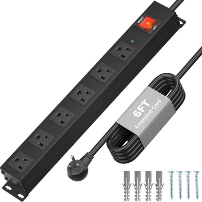 Matel 6 Outlet Power Strip Surge Protection 2100J,Heavy Duty Wide Space Power Strip with Flat Plug,15A/1875W Wall Mount Power Strip with Upgraded Switch,14Awg 6FT Extension Cord in Home,Garage,Shop