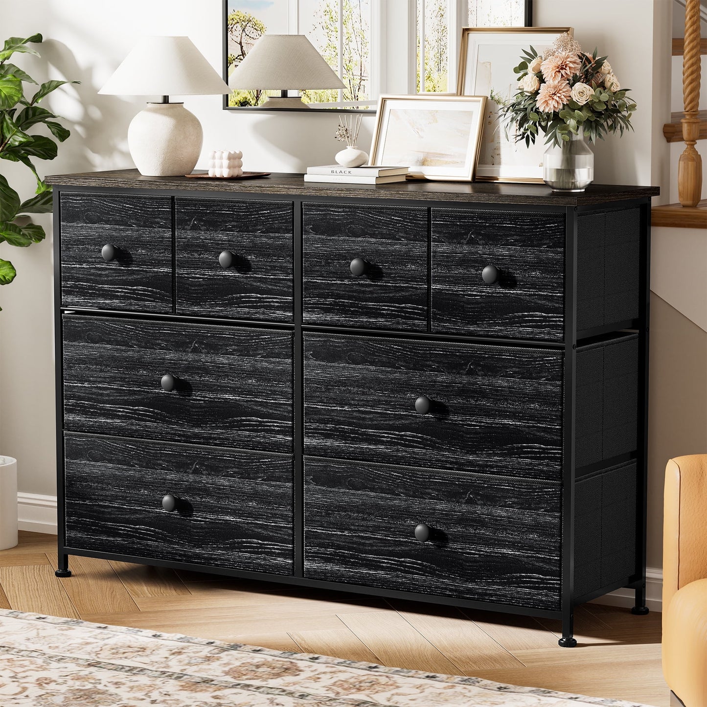 8 Drawer Dresser, Chest of Drawers for Bedroom, Fabric Drawer for Kids and Adult, Steel Frame and Wooden Top Black