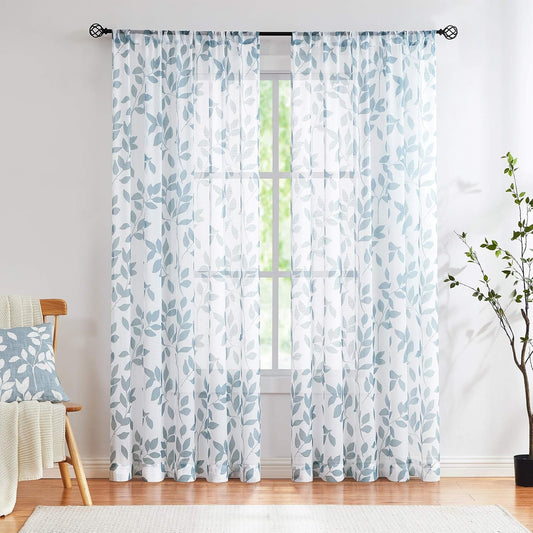 Blue White Sheer Curtains 84” Long Living Room Leaf Printed Linen Textured Semi Sheer Drapes for Guest Bedroom Botanical Country Rustic Light Filtering Window Treatment Sets for Dining Kitchen 2 Pcs