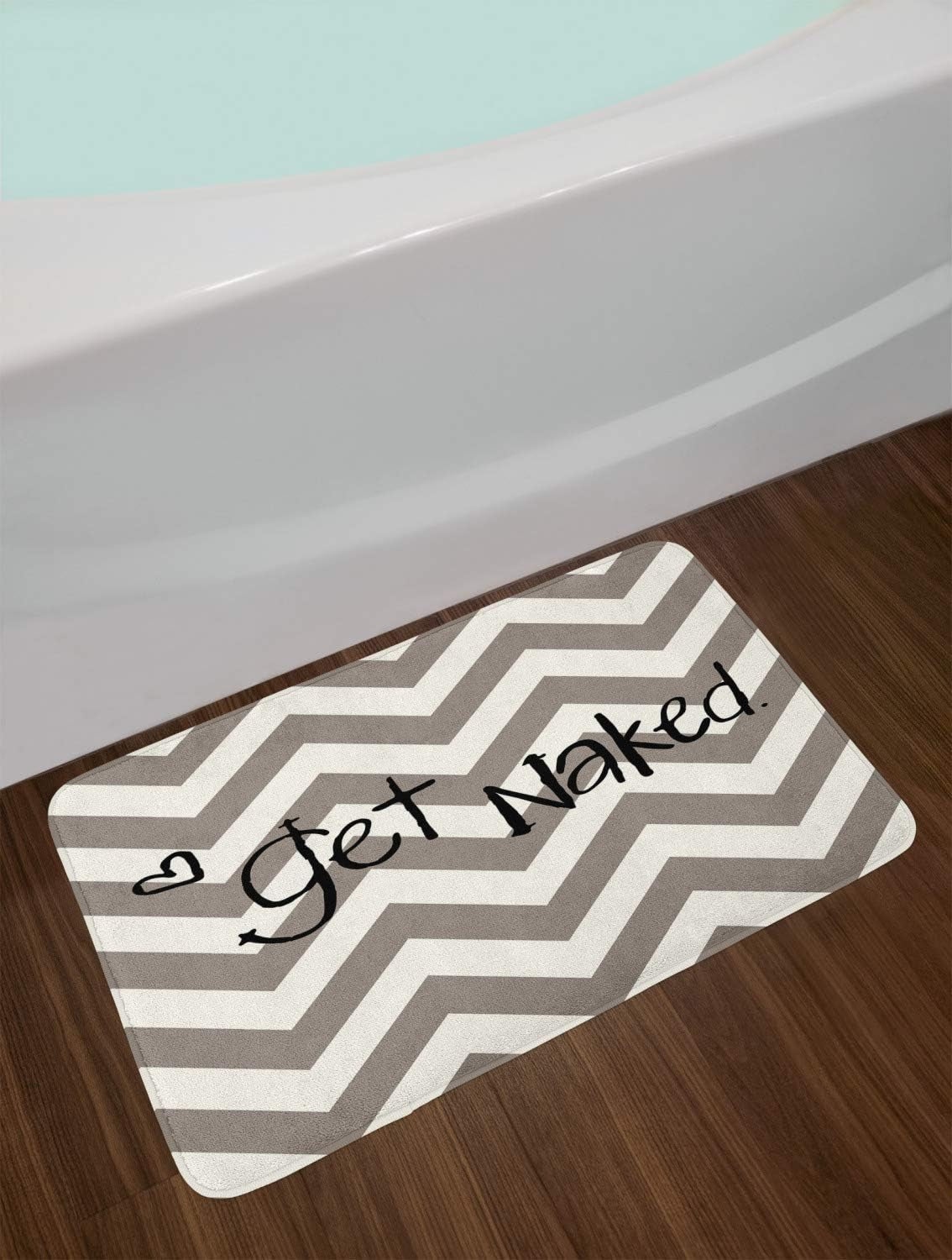 Saying Bath Mat, Get Naked Phrase a Little Heart on Zig Zag Backdrop Hand Drawn Style, Plush Bathroom Decor Mat with Non Slip Backing, 30.2" X 20", Taupe Cream Black