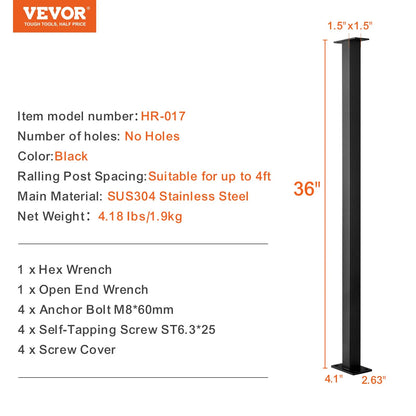 VEVOR Cable Rail Post Level Deck Stair Post 36 X 1.5 X 1.5 Cable Handrail Post Stainless Steel Brushed Finishing Deck Railing DIY Picket without Hole Stair Railing Kit with Mount Bracket Black