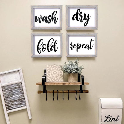 Laundry Room Decor Wash Fold Dry Repeat Mini Signs Set of 4, Farmhouse Decorative Sign Framed Wood Wall Art, Laundry Shelf Decor, 6'' X 8''