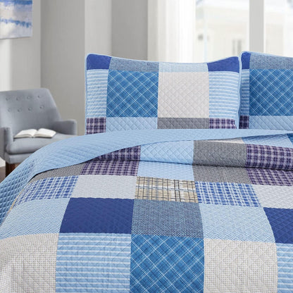 Boaim Queen Quilt Bedding Set Blue - Plaid Comforter Set, Farmhouse 3 Pcs Rustic Stitch Bedding, Lightweight Bedspread All-Season, 1 Coverlet & 2 Pillow Sham Covers(90"X90")