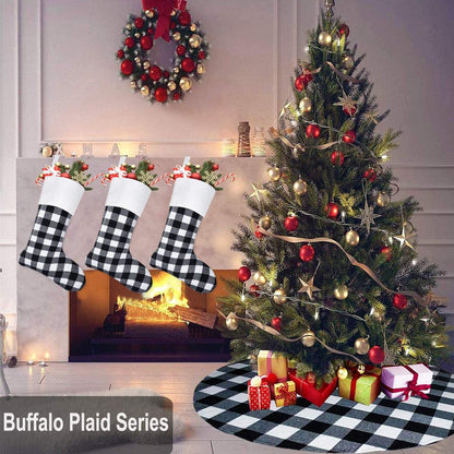 6 Pack Christmas Stockings- 18 Inch Black White Buffalo Plaid Christmas Stockings Fireplace Hanging Stockings for Family Xmas Holiday Season Party Decor