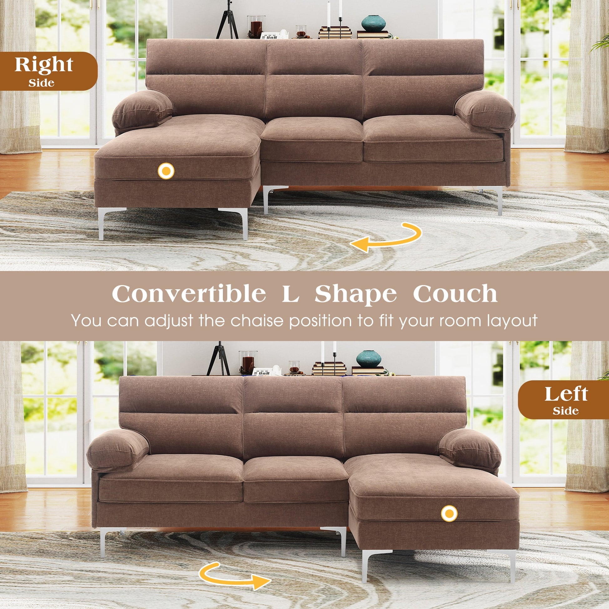 85'' Modern Sectional Sofas Couches for Living Room, Chenille L Shaped Couches with Chaise for Small Spaces, Reversible Chaise, 3 Seater(Brown)