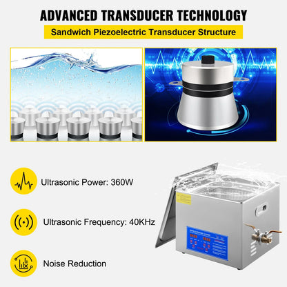 VEVOR 15L Ultrasonic Cleaner with Digital Timer&Heater Professional Ultrasonic Cleaner 40Khz Advanced Ultrasonic Cleaner 110V for Wrench Screwdriver Repairing Tools Industrial Parts Mental Cleaning