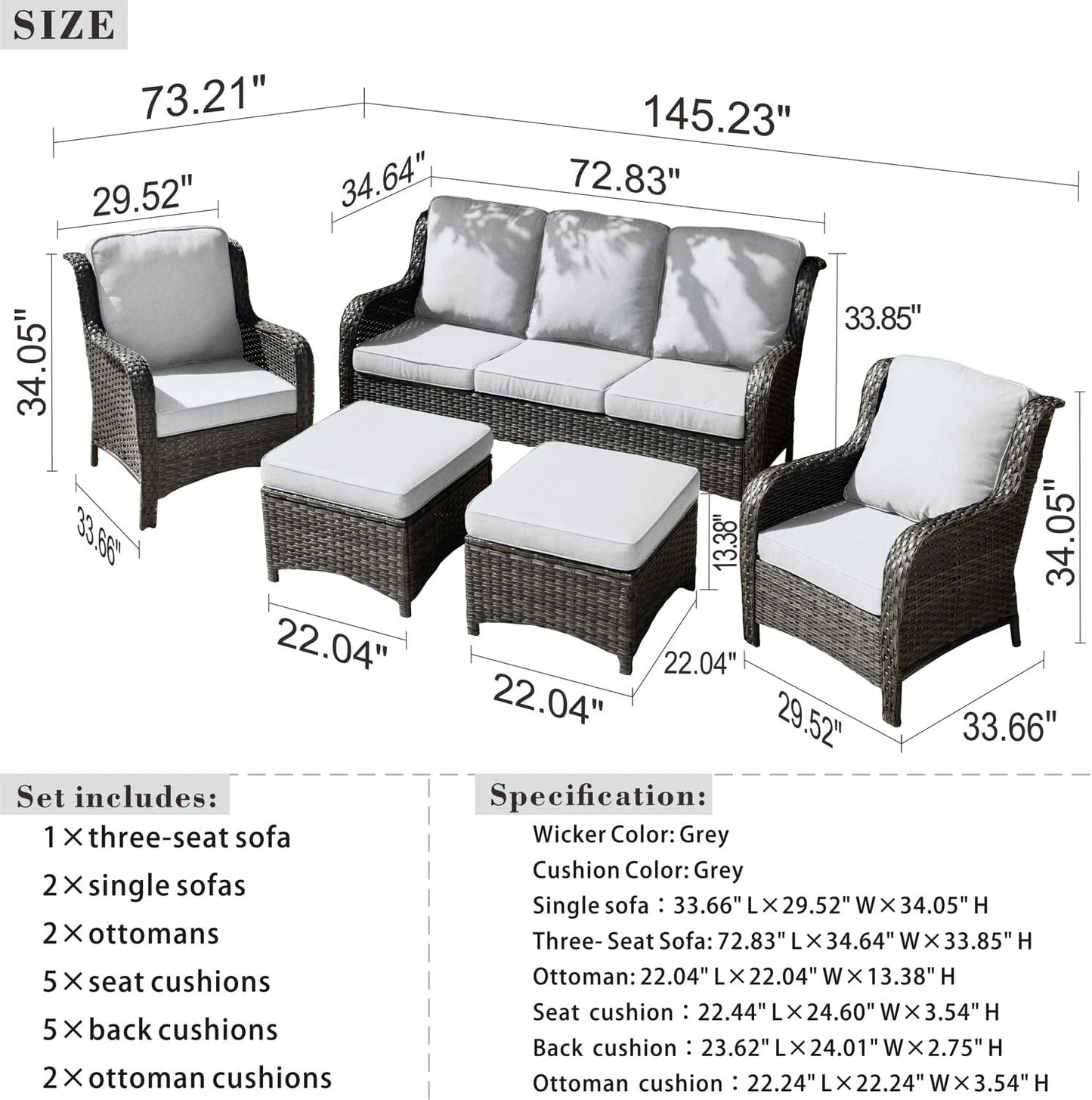 Modern Grey Rectangular Patio Furniture Set, Outdoor Rattan Furniture