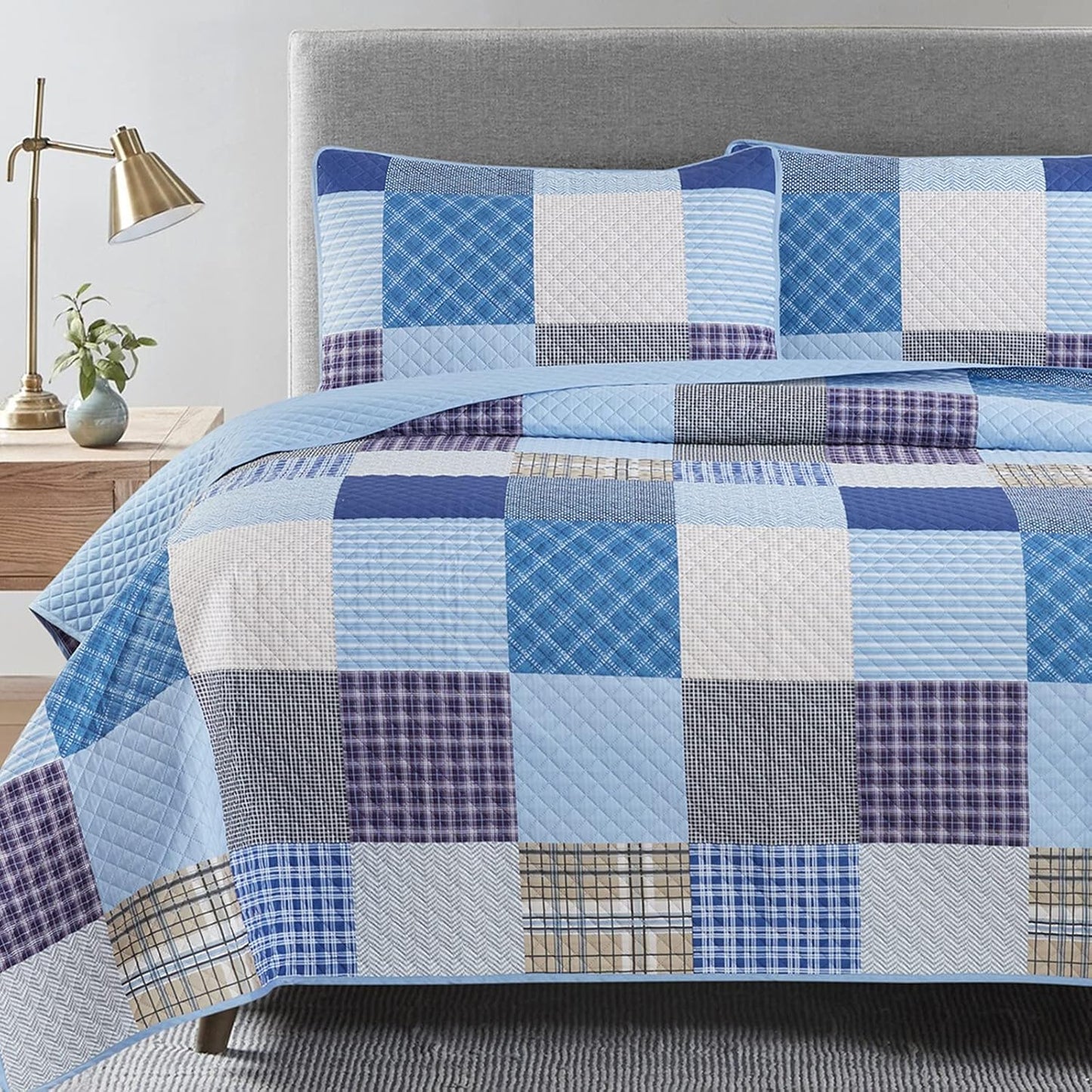 Boaim Queen Quilt Bedding Set Blue - Plaid Comforter Set, Farmhouse 3 Pcs Rustic Stitch Bedding, Lightweight Bedspread All-Season, 1 Coverlet & 2 Pillow Sham Covers(90"X90")