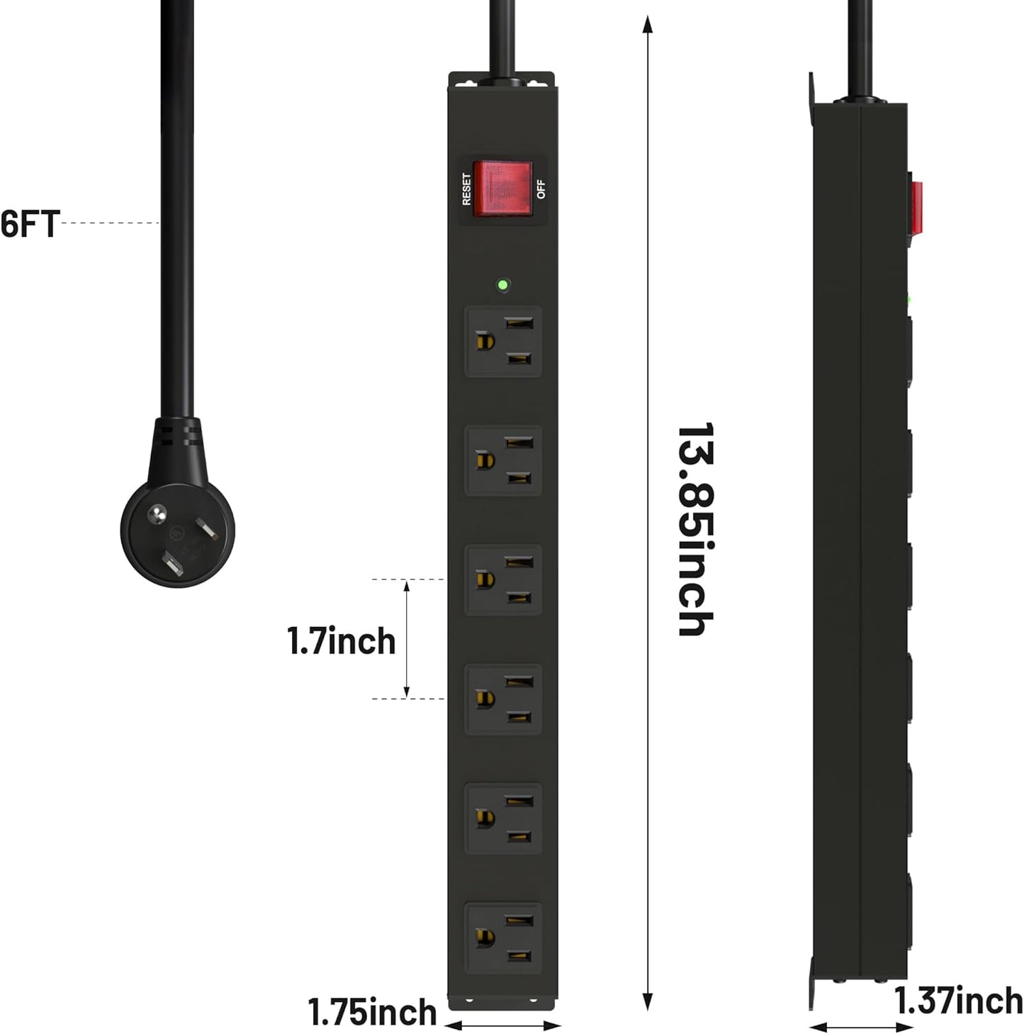 Matel 6 Outlet Power Strip Surge Protection 2100J,Heavy Duty Wide Space Power Strip with Flat Plug,15A/1875W Wall Mount Power Strip with Upgraded Switch,14Awg 6FT Extension Cord in Home,Garage,Shop