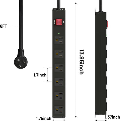 Matel 6 Outlet Power Strip Surge Protection 2100J,Heavy Duty Wide Space Power Strip with Flat Plug,15A/1875W Wall Mount Power Strip with Upgraded Switch,14Awg 6FT Extension Cord in Home,Garage,Shop