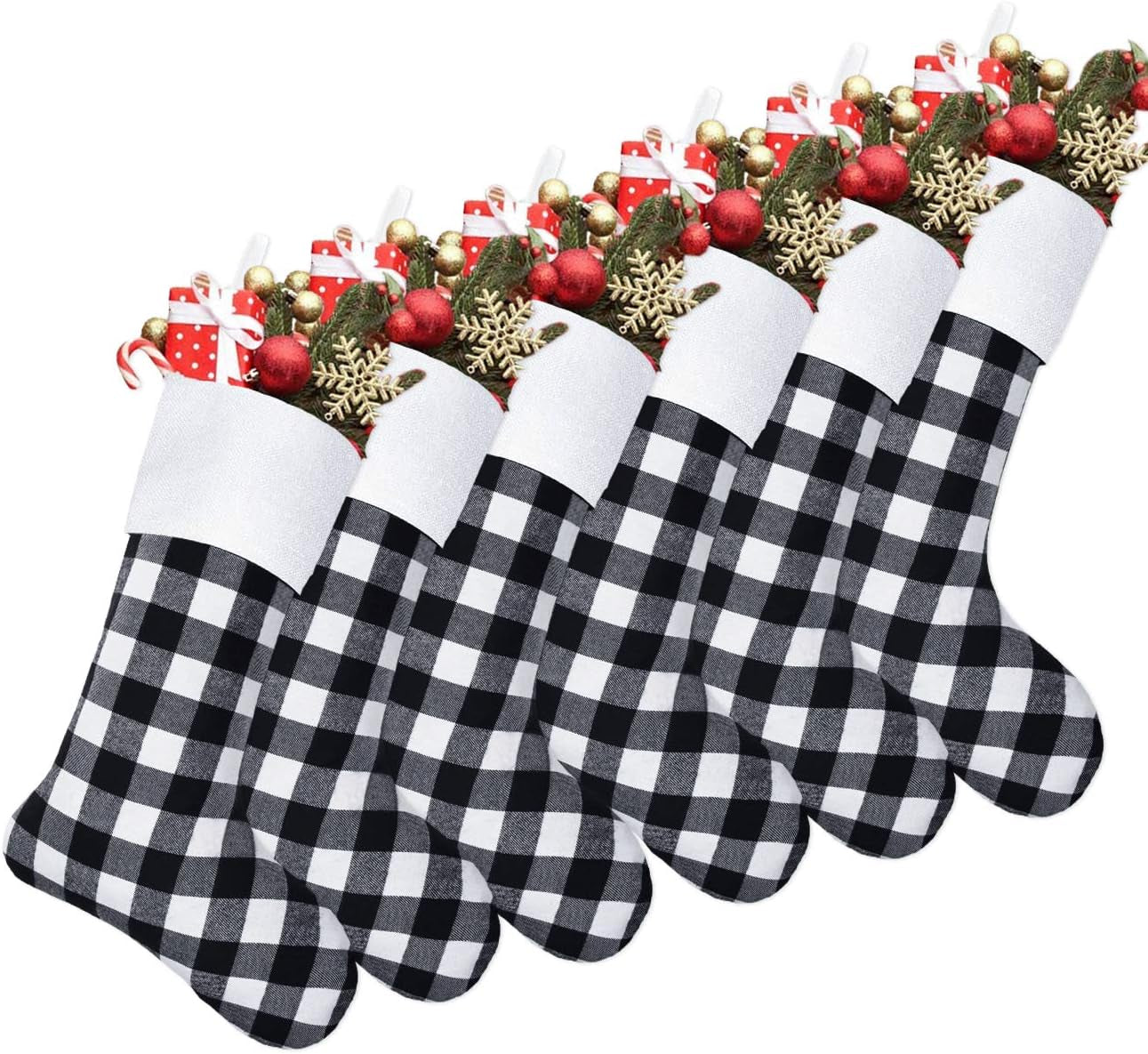 6 Pack Christmas Stockings- 18 Inch Black White Buffalo Plaid Christmas Stockings Fireplace Hanging Stockings for Family Xmas Holiday Season Party Decor