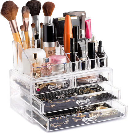 Clear Makeup Organizer – 16-Compartment Cosmetic and Jewelry Holder, 4-Drawer Vanity Storage, Elegant Clear Design for Makeup and Accessories