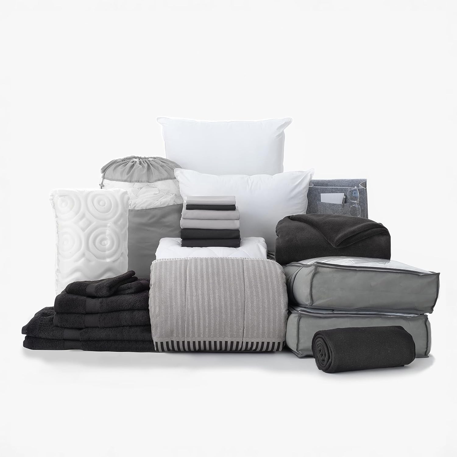 Preferred Dorm Essentials Value Pack - 23 Piece Twin XL Set | Twin XL | Comforter, Sheets, Pad, Topper, Towels, Organization, Storage | Preston Black and Gray | Graphic Black, Gray and White