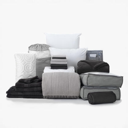 Preferred Dorm Essentials Value Pack - 23 Piece Twin XL Set | Twin XL | Comforter, Sheets, Pad, Topper, Towels, Organization, Storage | Preston Black and Gray | Graphic Black, Gray and White