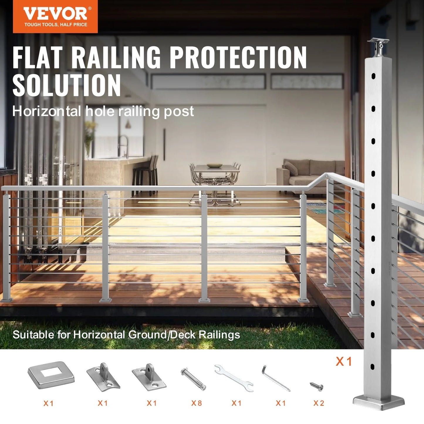 VEVOR Cable Railing Post Level Deck Stair Post 36 X 0.98 X 1.97" Cable Handrail Post Stainless Steel Wire Drawing Deck Railing Pre-Drilled Pickets with Mounting Bracket Stair Railing Kit Silver